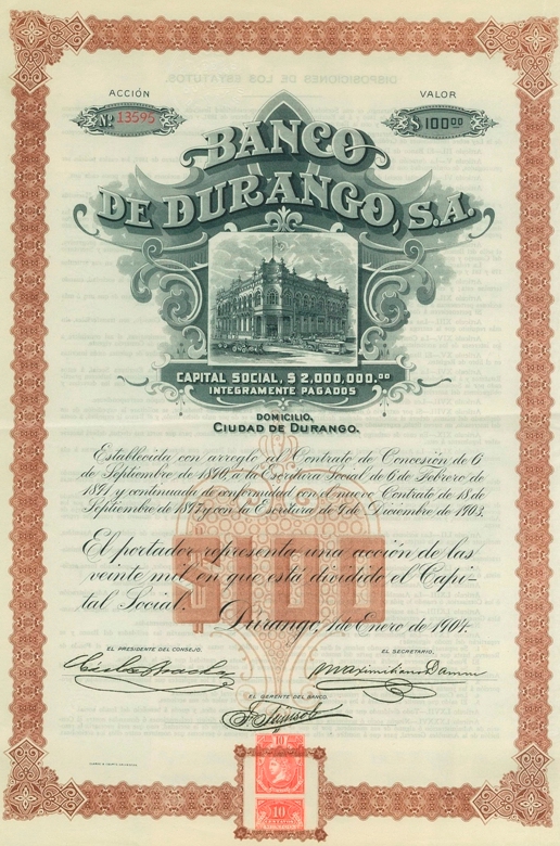 Accion al portador del Banco de Durango de 100 pesos nominales